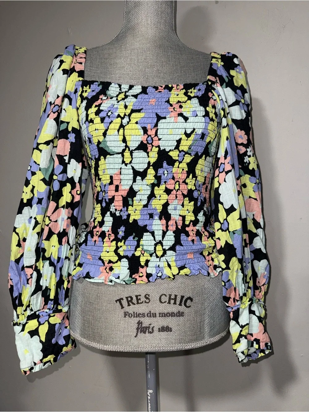 Free People Smocked Square-Neck Floral Blouse in Multicolor